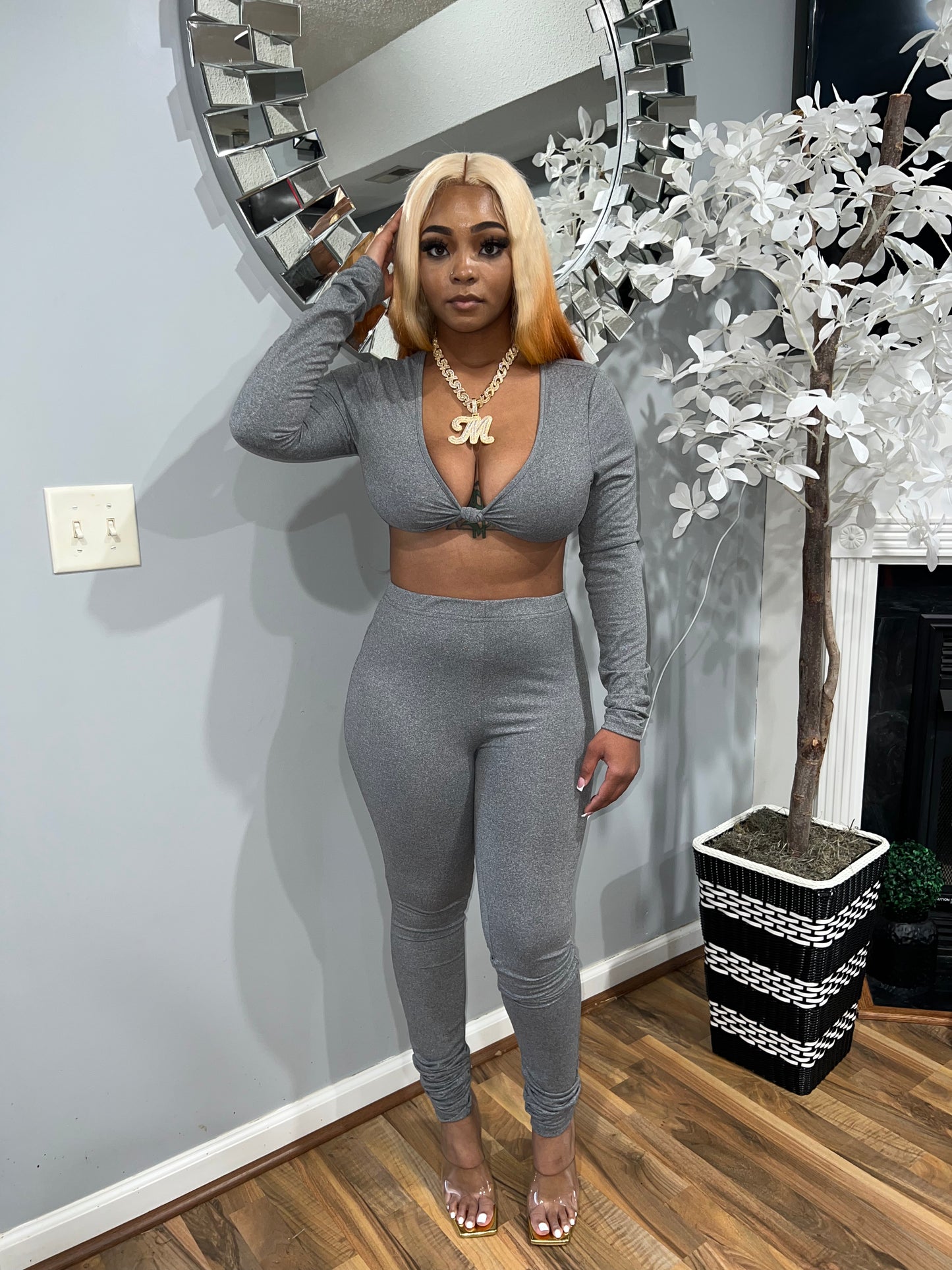 Grey’d Out V-neck Long Sleeve Two Piece Set